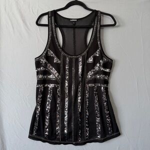 Express Womens Sequin Racerback Tank Top L Black Glam Party Lined Showgirl